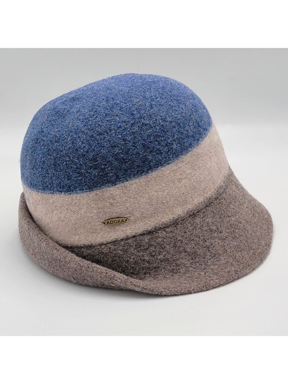 Adora Wool Blend Felt Cloche Hat With Blue Beige & Brown Colorblock Design
